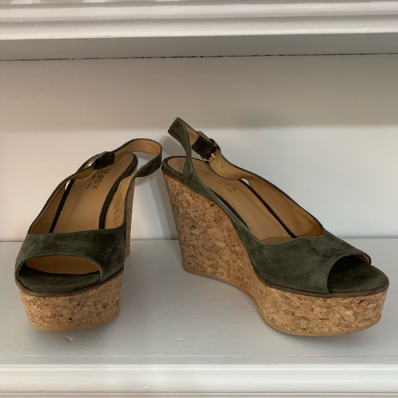 Shoe Box Loden /Olive Suede Open Toe Wedge 38 - Picture 2 of 8